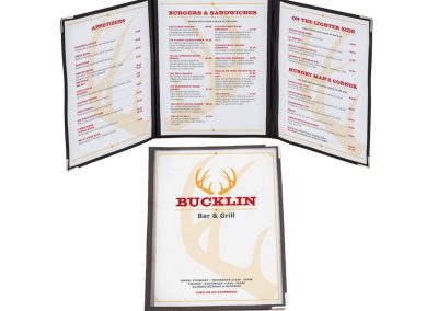 Bucklin Bar & Grill logo and branding in use on the menus